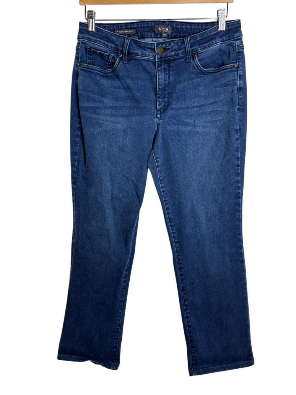 NYDJ Marilyn Straight Jeans Womens 12P Lift Tuck Rhinestone Pocket Stretch Glam